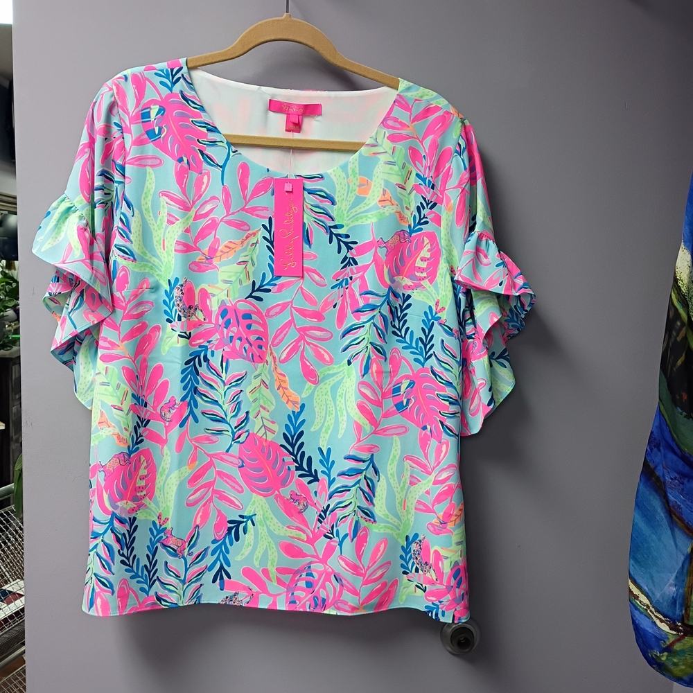 Lilly Pulitzer Tropical Leaf Ruffle Sleeve Top - Pink & Aqua
